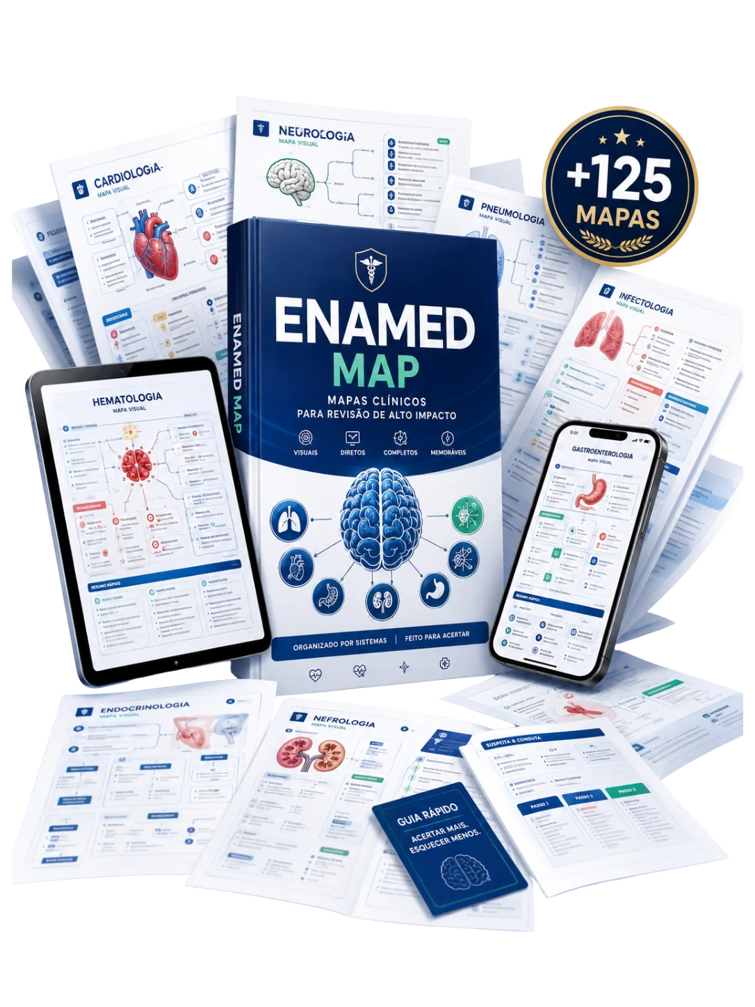 Mockup do ENAMED MAP: capa do material, tablet, celular e mapas clínicos de várias especialidades, +125 mapas